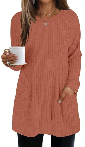 AMDOLE Long Sleeve Jumpers For Women Casual Tops Loose Fit Rib Knit Lightweight Long Sweater Crew Neck Pullover With Pockets Body Suits Women Sweater Orange L
