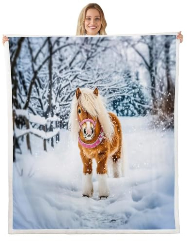 Homemissing Kinderpferd Decke 150x200cm Schnee Ferd Kuscheldecke kurzfüßiges Pferd Wohndecke Für Kinder Jungen Mädchen Couchdecke für Sofa Schneetage Schneeflocke Flanell Fleecedecke Weich
