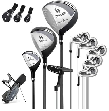 COSTWAY Set Completo di Mazze da Golf per Mancini da Uomo, Borsa Portatile con Supporto e Cappuccio Antipioggia, Include Driver 1 da 460CC, Fairway 3, Ibrido 4, Ferri 6, 7, 8, 9, P e Putter (Grigio)