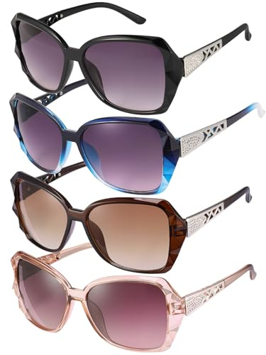 patinadrift 4 Stück Groß Damen Sonnenbrillen | Damen Polarisiert Mode Groß Klassische Sonnenbrille, UV400 Schutz Vintage Brille Rechteckige Übergröße Sonnenbrille