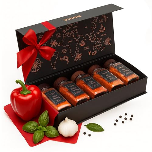 VIGOR Gewürze Geschenkset mit 5 Gewürzen für Rind, Schweine, Hähnchen und Gyrosgewürz - Fleisch Gewürzmischung - Premium Gewürzbox mit Gewürzgläser - Geschenk für Küche & Grill