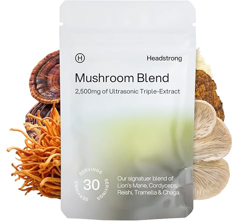 Headstrong 5 Mushroom Blend Capsules, 90% Active Compound Yield, Ultrasonic Triple-Extract, 30 Day Supply, 2,500mg per Capsule.