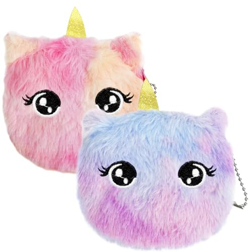 Lot de 2 Porte-Monnaie en Peluche, Petite Bourse pour Filles | Sac Porte-Monnaie en Peluche avec Fermeture éclair | Cadeaux pour Femmes, Filles, Enfants (Yeux Ronds, Rose Rouge et Violet)