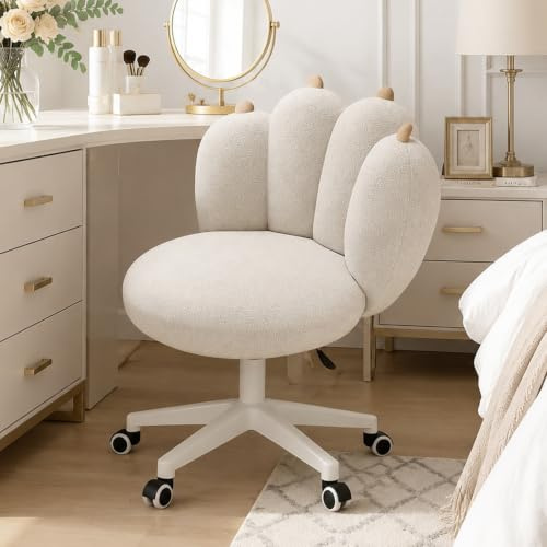XUEGW Adorabile Sedia da Toeletta con Pile Teddy e Zampe di Gatto - Sedia da Trucco Regolabile in Altezza,Senza Braccioli con Ruote,Schiena Confortevole per Computer(Bianco)