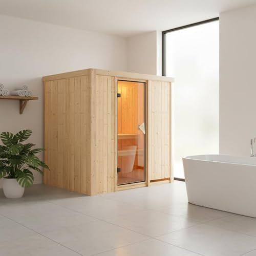 Karibu Sauna d'Angle Fanja Plug & Play | 4 Places en Épicéa Nordique | Poêle Électrique en Option | Porte Vitrée Bronze | Isolation 68mm | Dimensions 78x187cm