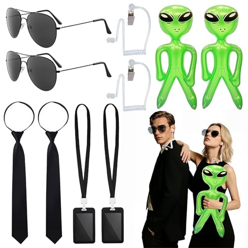 Kuvarix Agenten Kostüm Zubehör Set, Men in Black Kos-tüm, Karneval Kostüm mit Sonnenbrillen, Krawatten, Aufblasbare Grüne Alien-Requisiten, Realistische Kopfhörer,Ausweis-Requisiten