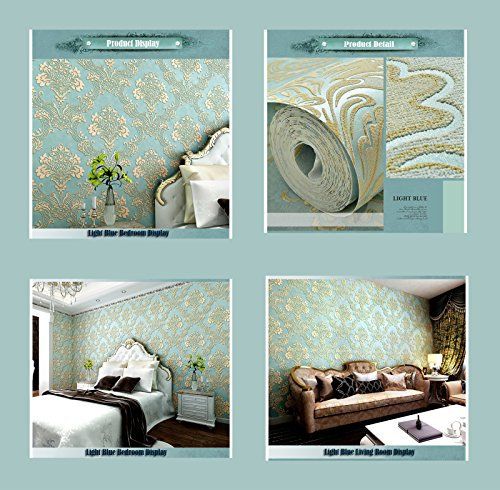 9.5M Vintage Victorian 2 Colors Luxury Gold Damask Stripes Embossed Flock Textured Non-Woven Wallpaper Roll for Bedroom Livingroom 1.73' W x 31.2' L=5.035㎡ (54sq.ft) (Light Blue)