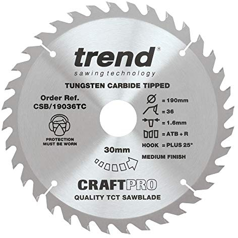 Trend Wood Cordless ATBR Circular Saw Blade, 190mm Diameter, 30mm Bore, 36 Teeth, 1.6mm Kerf, +25° Hook, TCT, Fine Finish, CSB/19036TC