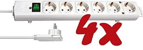 Brennenstuhl Comfort-Line Plus, Steckdosenleiste 6-fach (mit Flachstecker, Schalter, 2m Kabel und extra breite Abstände der Steckdosen) Farbe: weiß (6-fach | 4er Pack)