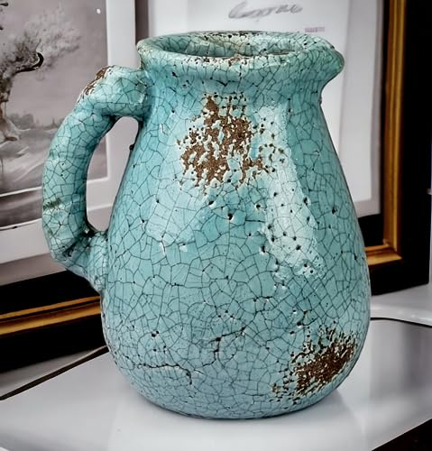 Hochwertiger Krug hellblau glasiert im Used Look Keramik jedes EIN Unikat Rost Dekovase Bodenvase Vase Dekoration Tischvase 23,5 x 22 x 17 cm