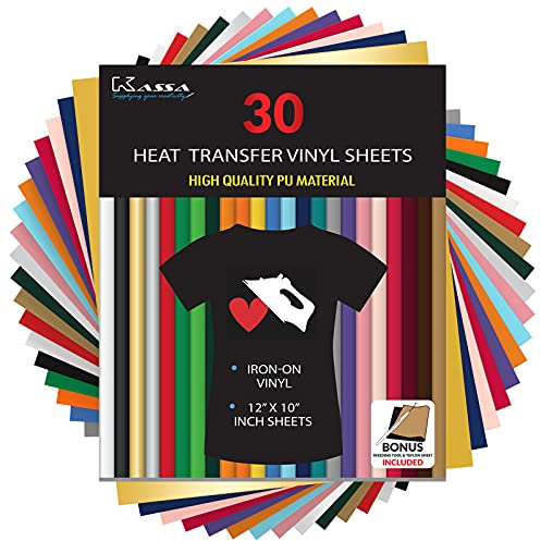 Kassa 30-Piece Heat Transfer Vinyl Sheets | 23 Colors in 12 x 10, Teflon Sheet & Weeding Tool Included | Compatible with All Cutting Machines | Ideal for Pressing on T-Shirts, Clothing & Textiles