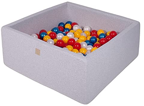 MEOWBABY Bällebad 90X90X40cm/200 Bälle ∅ 7Cm Baby Spielbad Mit Bällen Quadratisch Spielbälle Bällebad Spielzeug für Kinder Made In EU Hellgrau: Rot/Gelb/Weiße Perle/Blaue Perle