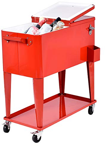 GOPLUS Bar Mobile 76L, Desserte Jardin Glacière Frigorigique à 4 Rouletteses, pour Terrasse, Jardin, Pique-Nique, 91 x 48 x 87CM, Vidange Facile Rouge