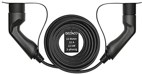Deltaco Typ 2 EV-Ladekabel für E-Autos und Hybrid Fahrzeuge, Elektroauto Charger Mennekes Kabel, Kompatibel mit ID.3, ID.4, Zoe, E-Tron, Model S/3/X/Y, Leaf, 3-phasig, 32A | 22kW, 10 Meter