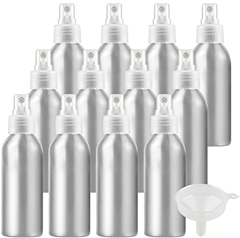 ZEOABSY 12 Piezas Pequeño 150ml Spray de Aluminio Plata Botella de Spray Vacía con Pulverizador Transparente de Niebla Fina Atomizador para Perfume Aromaterapia Agua Líquidos Tamaño de Viaje, Embudo