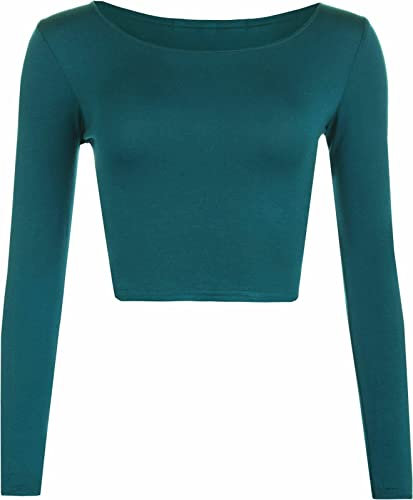 Womens Crop Long Sleeve T Shirt Ladies Short Plain Round Neck Top Ladies Fitness Workout Running T Shirts Plain Cropped Tops (Teal UK 12-14)