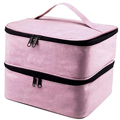 Harilla Double Layer Nail Polish Storage Bag, 30 Grids Nylon Organizer Handbag Carrying Case for Nail Varnish Essential Oil Manicure Sets, Pink