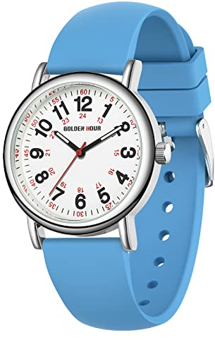 GOLDEN HOUR wasserdichte Krankenschwesteruhr für medizinische Fachleute, Studenten, Frauen und Männer, Leuchten-Zifferblatt, 24 Stunden mit Sekundenzeiger, Silikonband