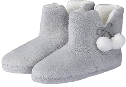 Sleepdown Womens Ladies Teddy Fleece Bootie Slippers Fluffy Plush Comfy Soft Cosy Slipper Warm Indoor Mens Unisex House Shoes Pom Pom - 8/9 - Grey