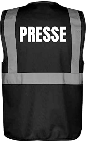 Fassbender-Druck WARNWESTEN - Sicherheitsweste SCHWARZ mit Taschen und Reißverschluss nach EN ISO 20471 zertifiziert - Warn Weste für PRESSE - Unisex mit hochwertigem Reflektorstreifen