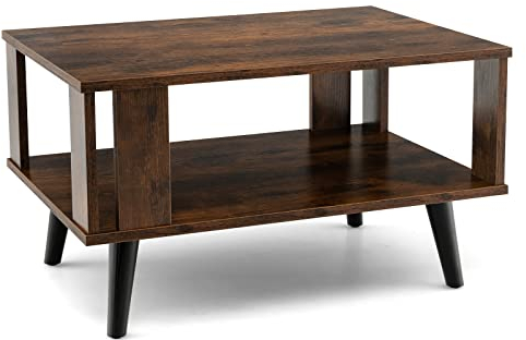 COSTWAY 2-Tier Coffee Table, Industrial Wooden Cocktail Center Table Snack Tea Tables with Open Storage Shelf, Rectangle Accent End Sofa Side Table for Living Room, Bedroom and Office, Rustic Brown