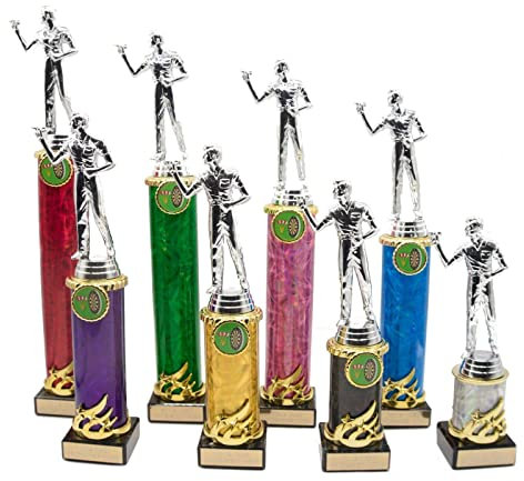 Personalised Silver Male Darts Player Figure Column Trophy Multi Award Engraved With Your Text (23cm)