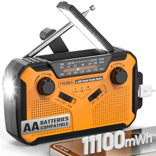 PRUNUS Radio meteorológica NOAA de emergencia de 5 vías: solor/manivela de mano/USB/pilas AA/baterías recargables, linterna LED y lámpara de lectura, AM FM, cargador de teléfono celular de banco de