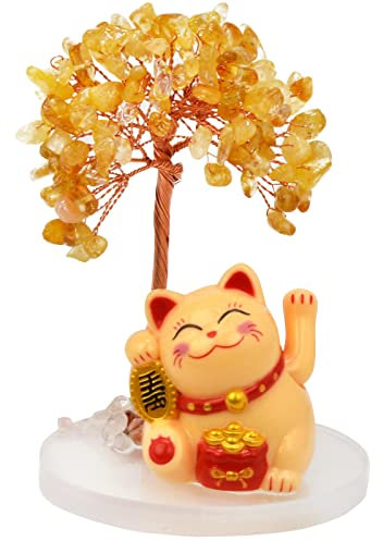 Juanxian Feng Shui Yellow Quartz Crystal Tree Money Trees Decoration with Lucky Cat Ornament for Luck and Wealth W5403