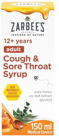 Zarbee's Adult Cough and Sore Throat Syrup, 150 ml, Honey-Based Relief for Dry or Chesty Cough, Sore Throat Relief, Alcohol Free, No Artificial Colours or Flavours, Suitable For Adults
