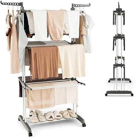 COSTWAY 4-Stufiger Wäscheständer mit Rollen, Wäschetrockner zusammenklappbar mit 2 drehbaren Seitenflügeln, Freisteheneder Standtrockner Wäscheturm Ausziehbar für Innen und Draußen (Grau)