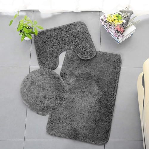 AYGCI Badgarnitur 3 Stück Badematten Set Weiche saugfähige, Vorleger mit Ausschnitt für Stand-WC rutschfeste Badematte Teppiche & Toilettendeckelabdeckung Set