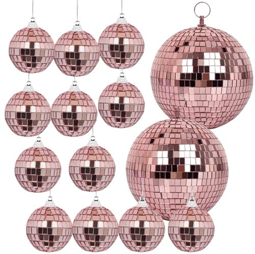 MUZTOP 14 Pack Disco Ball Ornaments Hanging Disco Mirror Balls for DJ Stage Club Wedding Holiday Home Party Decor, 6 Inch, 2 Inch (Rose Gold)
