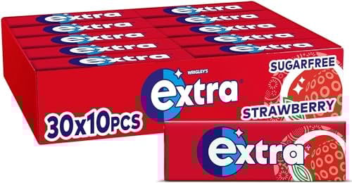 Wrigley's Extra Sugarfree Chewing Gum, Refreshing Strawberry Flavour, Freshens Breath, With Xylitol, Helps with Oral Hygiene for Healthy Teeth and Gums 30 x 10 Packs | Sold by Essential Products