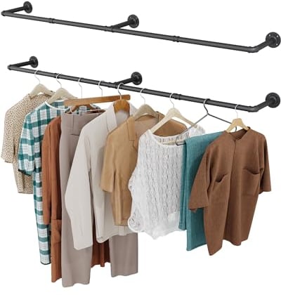 OROPY Lot de 2 Portant à Vêtements Industriel, Tringle à Vêtements Murale 167cm, Barre de Tuyau de Rail de Suspension Murale pour Chambre à Coucher en Métal Noir, Base 3