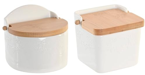Salero y Azucarero de porcelana blanco con tapa de madera estilo nordico (Salero y Azucarero)