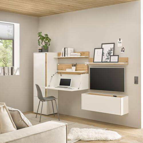 Lomadox Wohnwand mit Homeoffice-Lösung weiß mit Eiche 5-teilig modern, 1 Stauraumschrank, 1 Hängeschrank, 1 Hängesekretär, 1 Wandregal