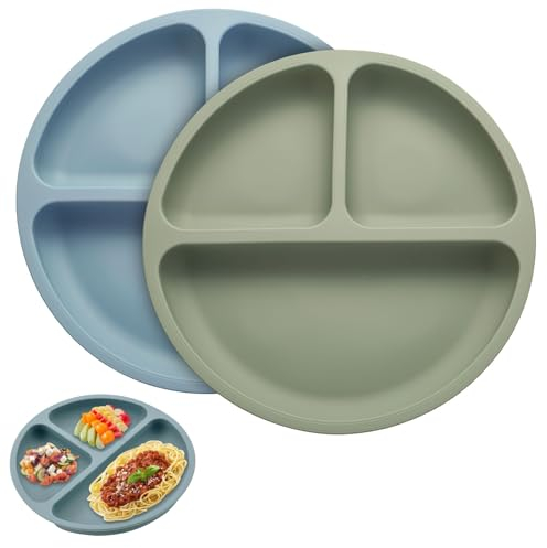 VOSSOT Lot de 2 assiettes pour bébé avec ventouse, sans BPA, avec ventouse, assiettes séparées, assiettes d'apprentissage de qualité supérieure pour les tout-petits, assiettes en silicone pour bébé