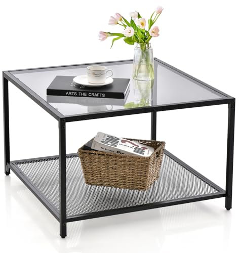 COSTWAY Square Coffee Table, Tempered Glass Sofa Side Table with Adjustable Foot Pads, Metal Frame Accent Center Table for Living Room Bedroom Office (with Mesh Shelf, Grey+Black)