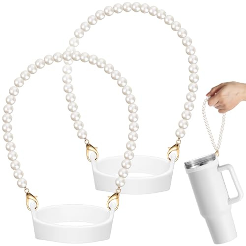 Silikon-Griffhalter für Wasserflaschen mit Perlenband, Weiß, 2 Stück | Tassenzubehör für Damen, Schlingen-Wasserflaschentrager, passend für die meisten 237-1134 g Trinkgläser, Abschlussgeschenk
