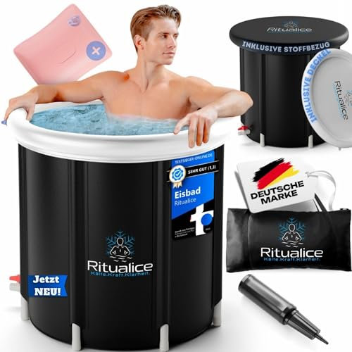 Ritualice® Premium Eisbad (80 cm Ø) XL Komplettset - TESTSIEGER - Eistonne Set mit Deckel, Stoffbezug und XL Tasche - Eisbaden ideal für Kryotherapie und Regeneration - Eisfass mit 5-Facher Isolierung