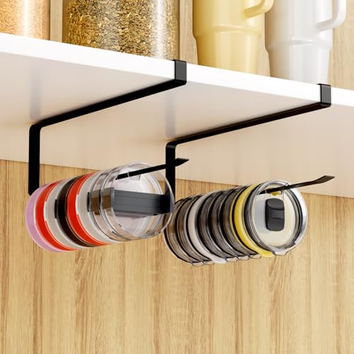 2 PCS Tumbler Lid Organizers, Ample Lid Capacity Up to 30 Lids, No Adhesive No Drill Yeti Tumbler Lid Organizer Inside Cabinet, Space-Saving Yeti Stanley Tumbler Cup Lid Holder Organizer for Kitchen