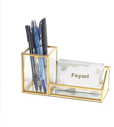 Feyarl Porte-cartes de visite en verre doré avec porte-stylo transparent pour bureau, réunion, 2 emplacements