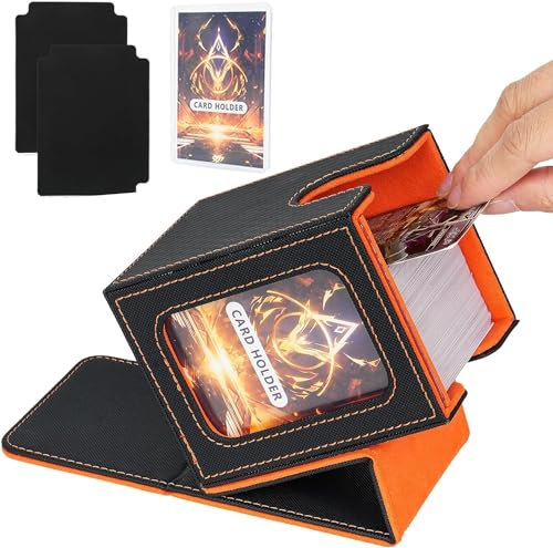 IVODEELA Deck Box con Due Divisori,Magnetic Flip Deck Box Magic mit Display per MTG Magic Commander TCG,Porta Deck Capacità di 100+ Carte,Pelle PU Deckbox,Nero Arancione