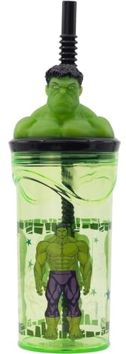 Bicchiere con cannuccia con personaggio 3D in plastica riutilizzabile BPA Free capacità 360 ml (Hulk (1))