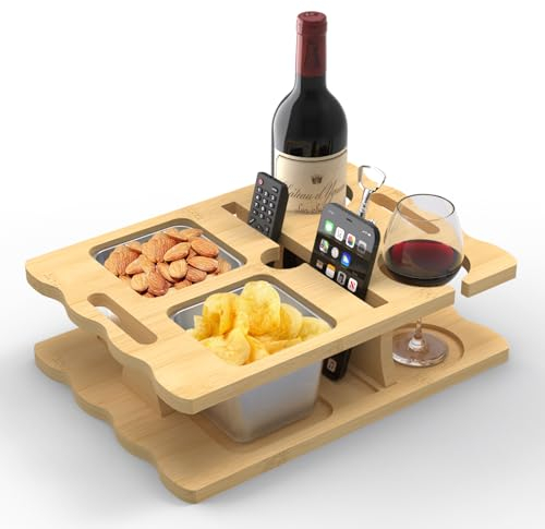 HZE Couchbar Snackbox, Groß Bamboo Sofa Butler mit 2 600ml stahllosen Schüssel und Mit 2 Positionen für Flaschen oder Tassen mit Griffen, Snackbar Couch und Couch Butler für Sammeln und Picknick