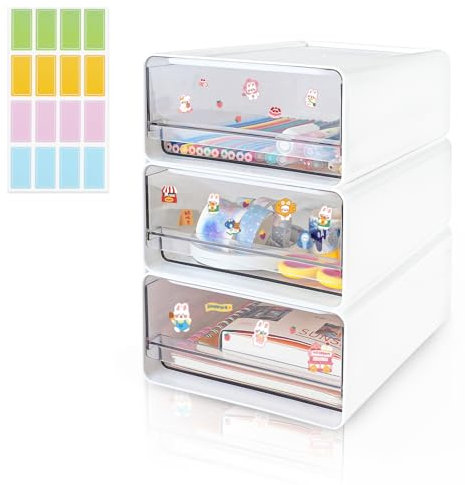 3PCS Stackable Desk Organiser with 3 Drawers and Labels, Plastic Storage Drawer Units, Compact Desktop Organizer Boxes, Translucent Stationary Organiser, Office Craft Drawers for Dorm (3pcs, White)