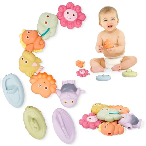 RADGALI Jouet Bebe 6 Mois 9PC, Montessori pour Enfants 6 Mois, Jouet de Baignoire, Jouet de Dentition pour 6-12 Mois, Animaux Education Jeux Eveil, Jouet Bateau, Cadeau 1-3 Ans Garçon, Fille