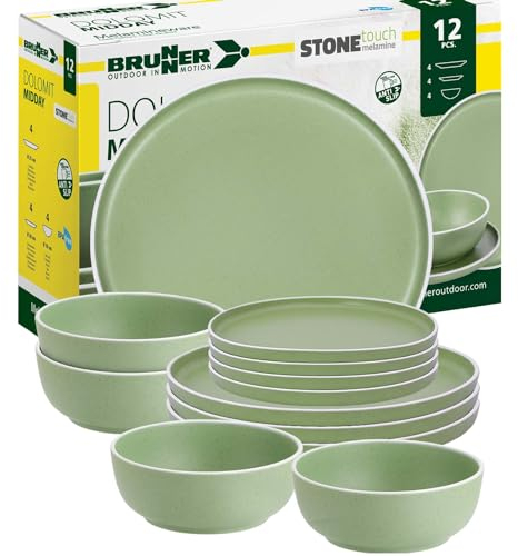 BRUNNER: Melamin Geschirr-Set Camping | 12-Teilig - Teller & Schüsseln für 2-4 Personen | DOLOMIT Midday - Stapelbar, Kratzfest