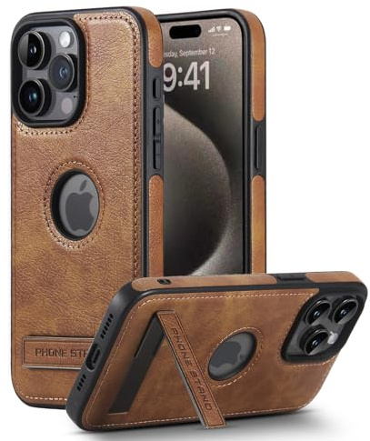AIOVETEAB Cover Compatibile con iPhone 15 Pro Max,Cavalletto Metallico,PU Pelle Premium Custodia Slim Sottile Retrò Business Flessibile Antigraffio Case Posteriore Protettiva,Marrone