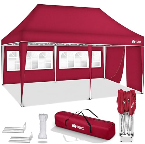 tillvex Tonnelle de jardin pop-up, tente de réception, étanche, pliable, réglable en hauteur, 3 x 6 m, protection UV 50+, avec sac et 3 côtés latéraux, rouge